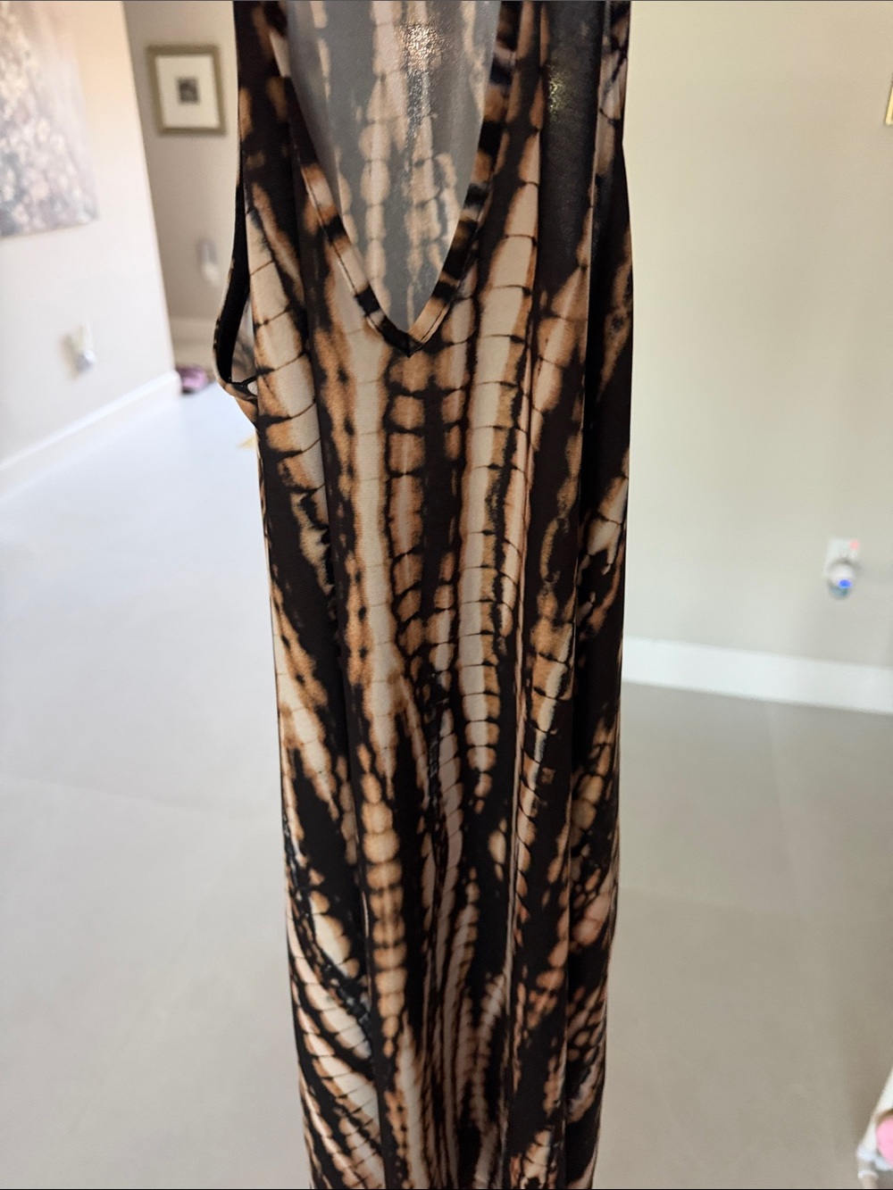 Sleeveless V-Neck Mini Dress in Black and Tan Tie-Dye
